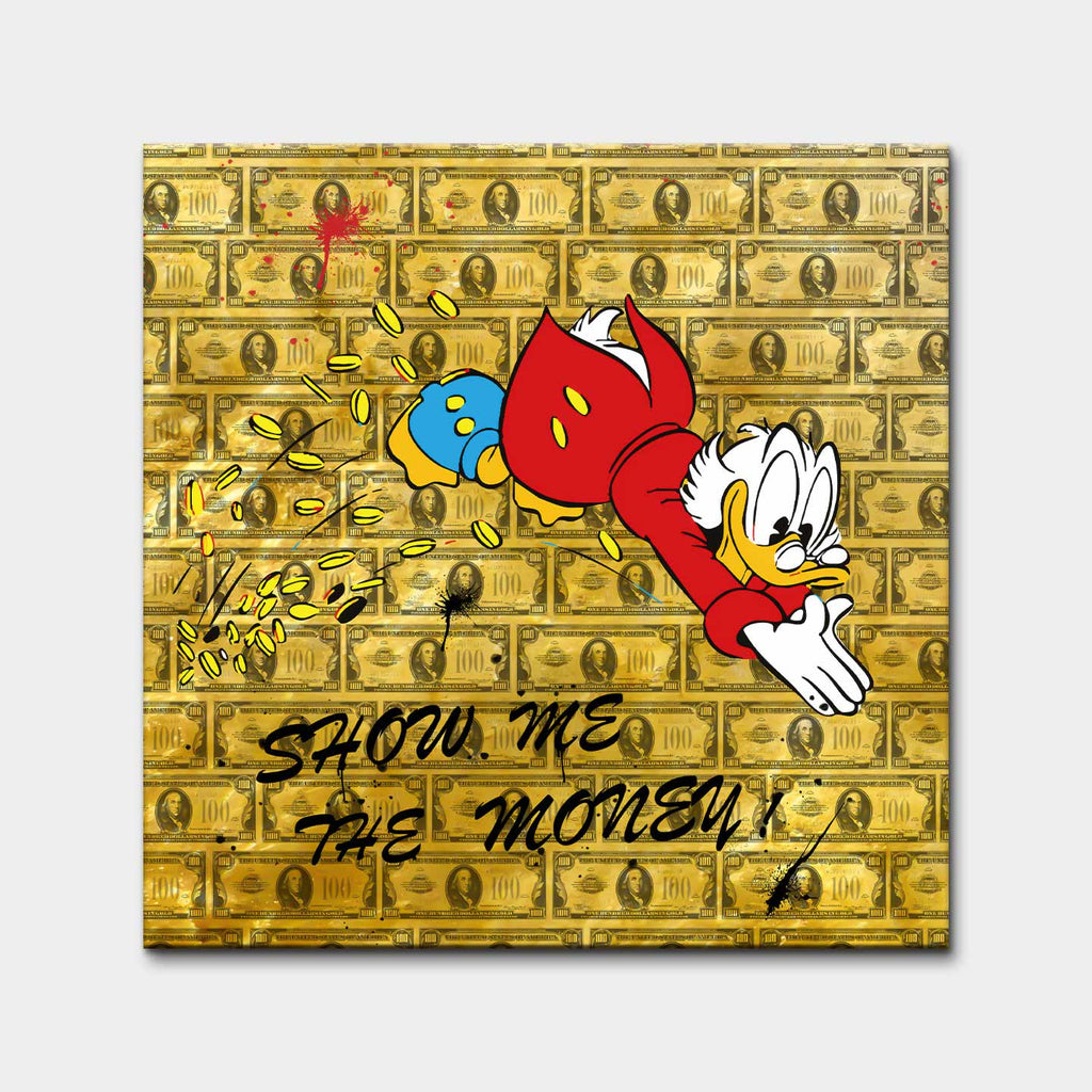 Obraz na płótnie Show Me The Money z komiksową kaczą postacią, monetami i tłem z banknotów, złoty wydruk galeryjny w stylu pop-art.