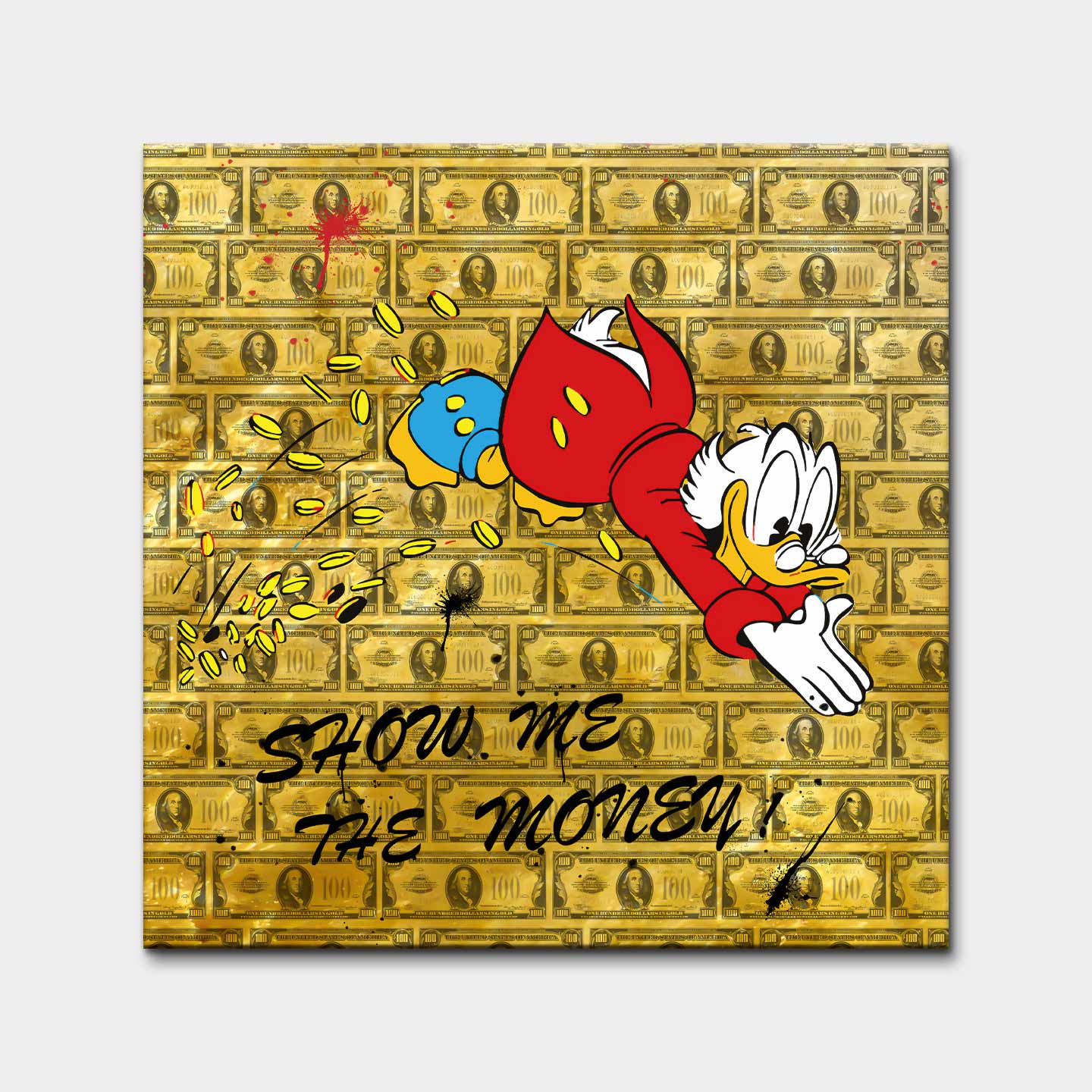 Obraz na płótnie Show Me The Money z komiksową kaczą postacią, monetami i tłem z banknotów, złoty wydruk galeryjny w stylu pop-art.