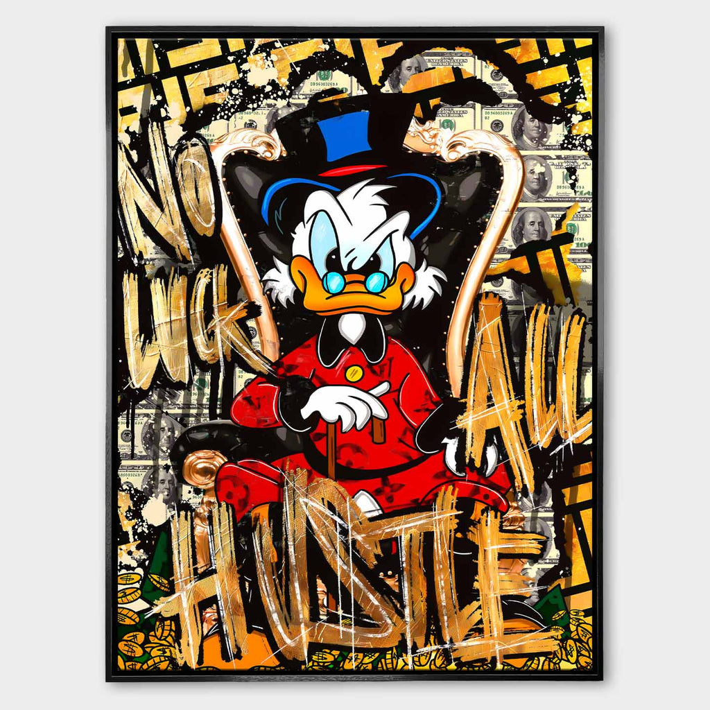 Sknerus McKwacz Obraz na płótnie All Hustle Duck – streetartowa sztuka motywacyjna z przesłaniem „No Luck, All Hustle”, symbolizująca determinację i sukces.