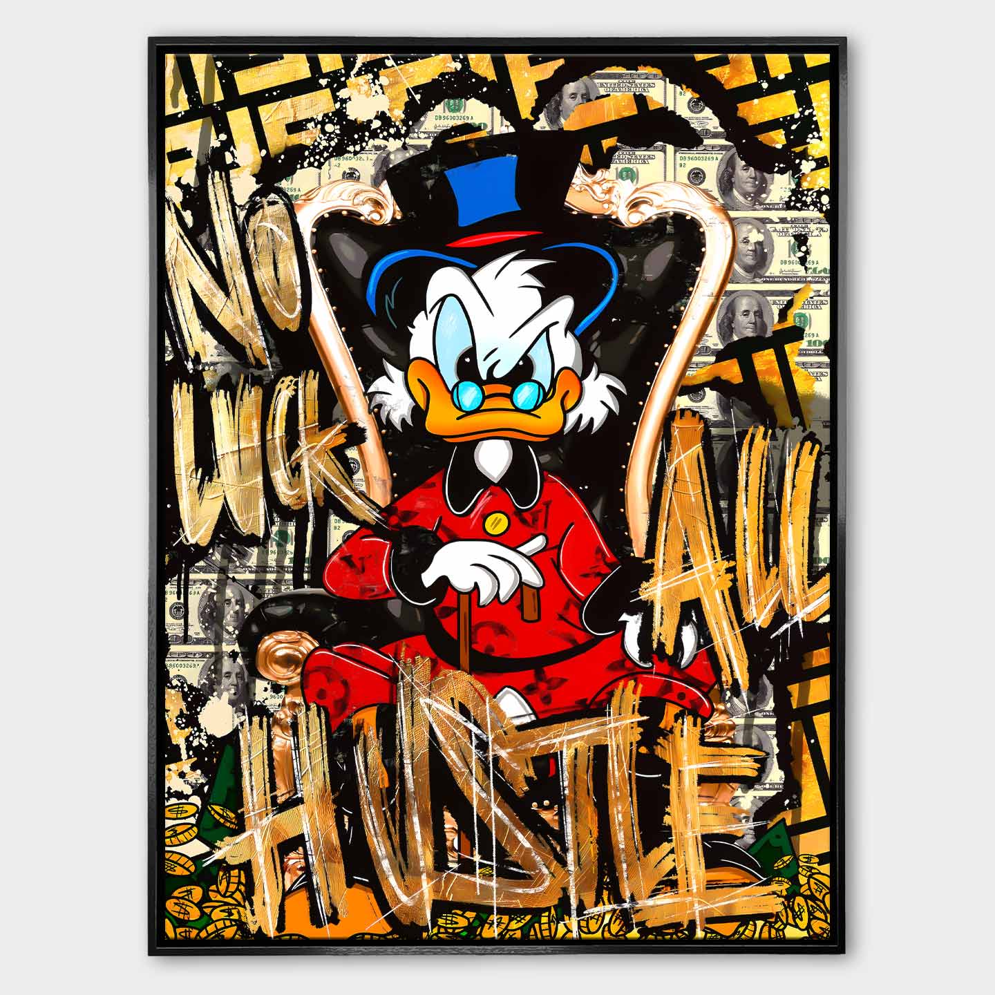 Sknerus McKwacz Obraz na płótnie All Hustle Duck – streetartowa sztuka motywacyjna z przesłaniem „No Luck, All Hustle”, symbolizująca determinację i sukces.