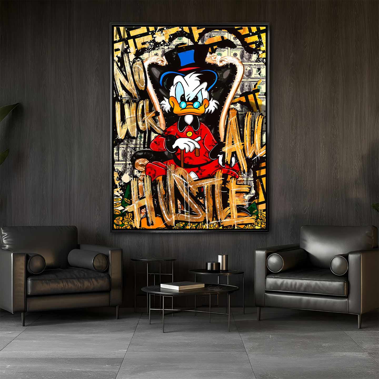 Sknerus McKwacz Obraz na płótnie All Hustle Duck – streetartowa sztuka motywacyjna z przesłaniem „No Luck, All Hustle”, symbolizująca determinację i sukces.