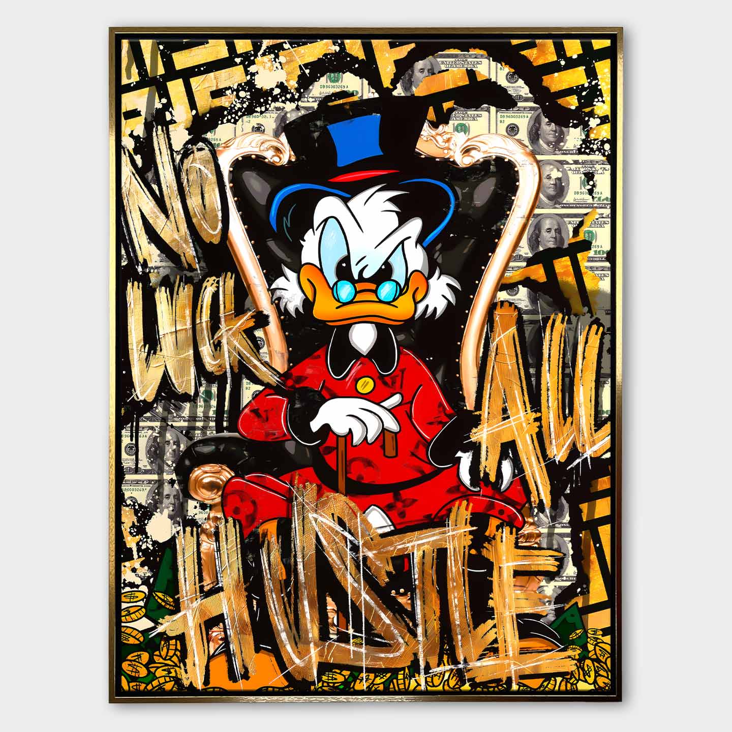 Sknerus McKwacz Obraz na płótnie All Hustle Duck – streetartowa sztuka motywacyjna z przesłaniem „No Luck, All Hustle”, symbolizująca determinację i sukces.