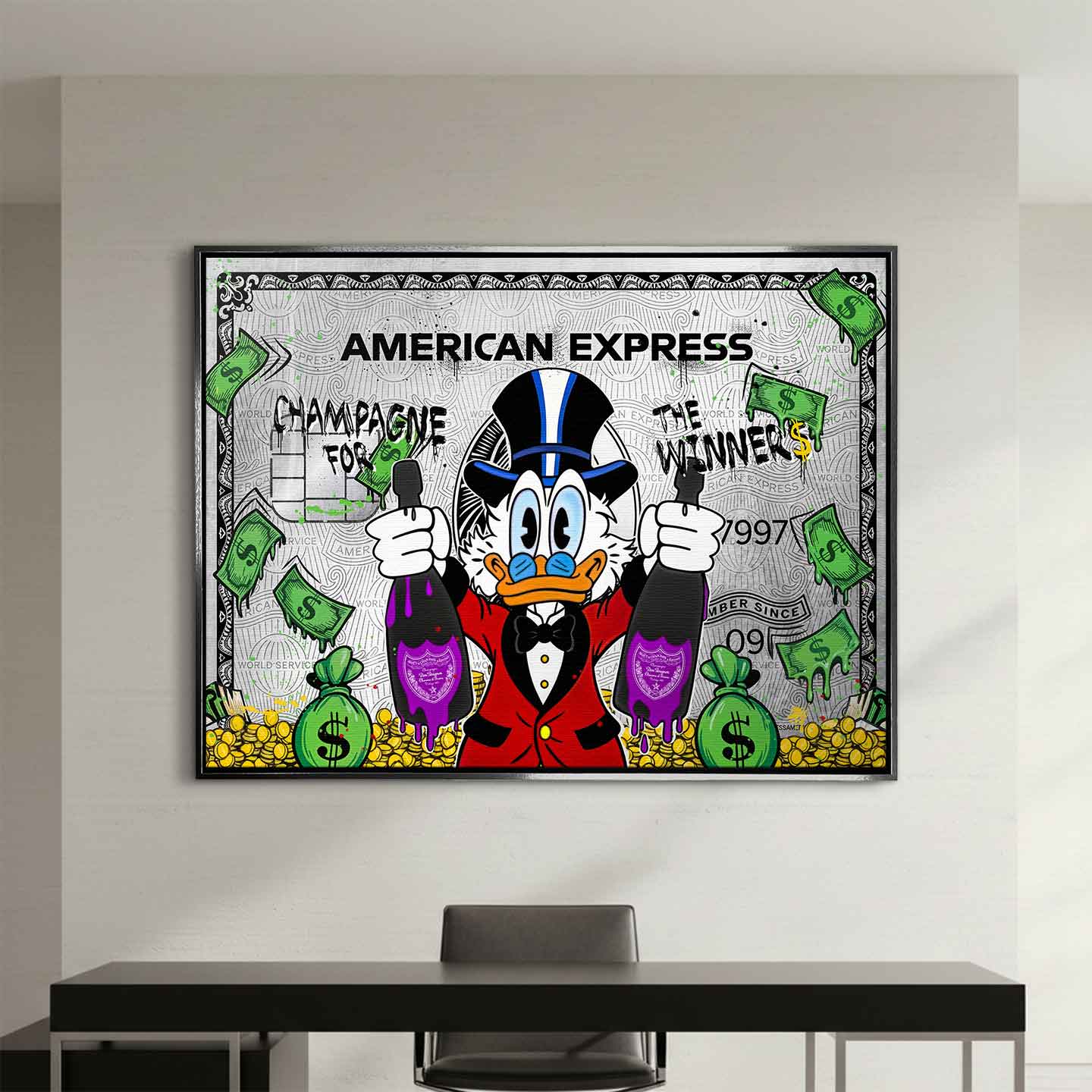 Obraz na płótnie ze Sknerusem McKwaczem na tle karty American Express Platinum – symbol bogactwa, pieniędzy i luksusu, sztuka Huephant.