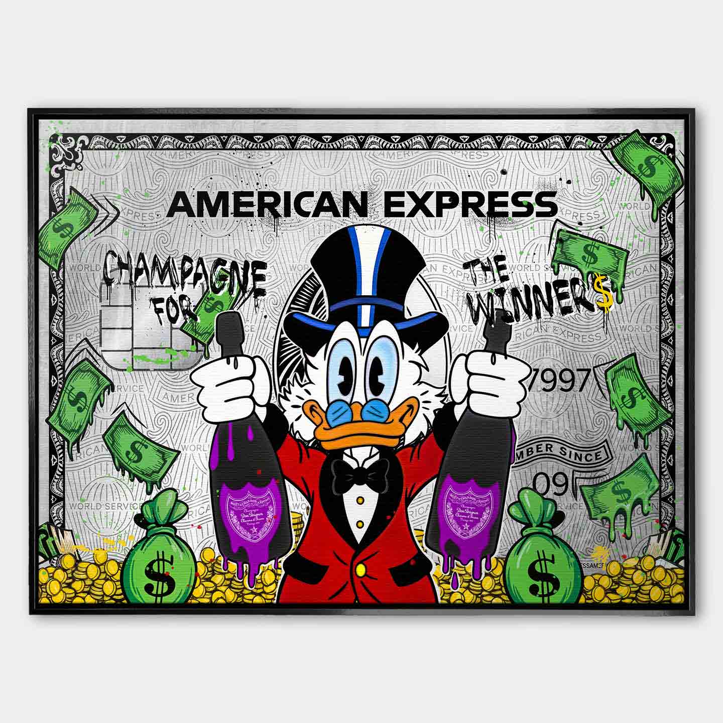 Obraz na płótnie ze Sknerusem McKwaczem na tle karty American Express Platinum – symbol bogactwa, pieniędzy i luksusu, sztuka Huephant.