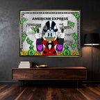 Obraz na płótnie ze Sknerusem McKwaczem na tle karty American Express Platinum – symbol bogactwa, pieniędzy i luksusu, sztuka Huephant.