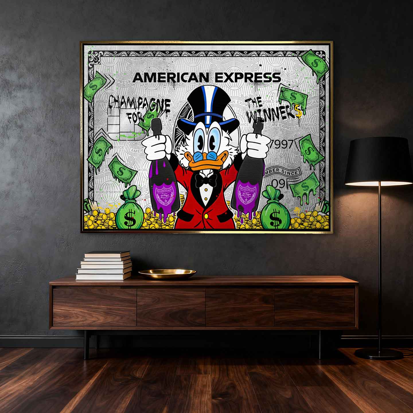 Obraz na płótnie ze Sknerusem McKwaczem na tle karty American Express Platinum – symbol bogactwa, pieniędzy i luksusu, sztuka Huephant.