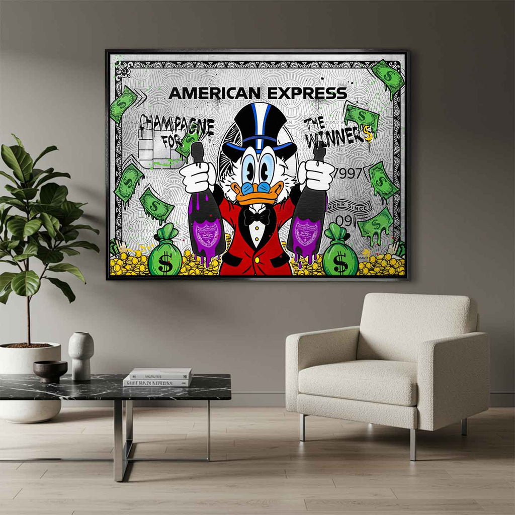 Obraz na płótnie ze Sknerusem McKwaczem na tle karty American Express Platinum – symbol bogactwa, pieniędzy i luksusu, sztuka Huephant.