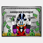 Obraz na płótnie ze Sknerusem McKwaczem na tle karty American Express Platinum – symbol bogactwa, pieniędzy i luksusu, sztuka Huephant.