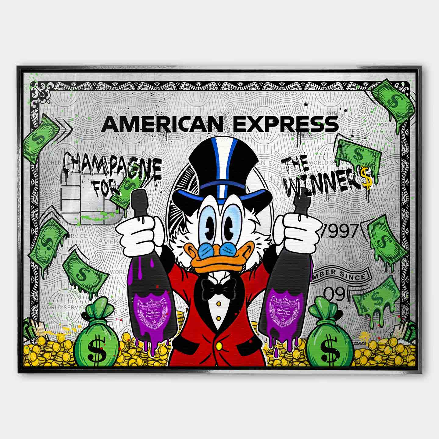 Obraz na płótnie ze Sknerusem McKwaczem na tle karty American Express Platinum – symbol bogactwa, pieniędzy i luksusu, sztuka Huephant.