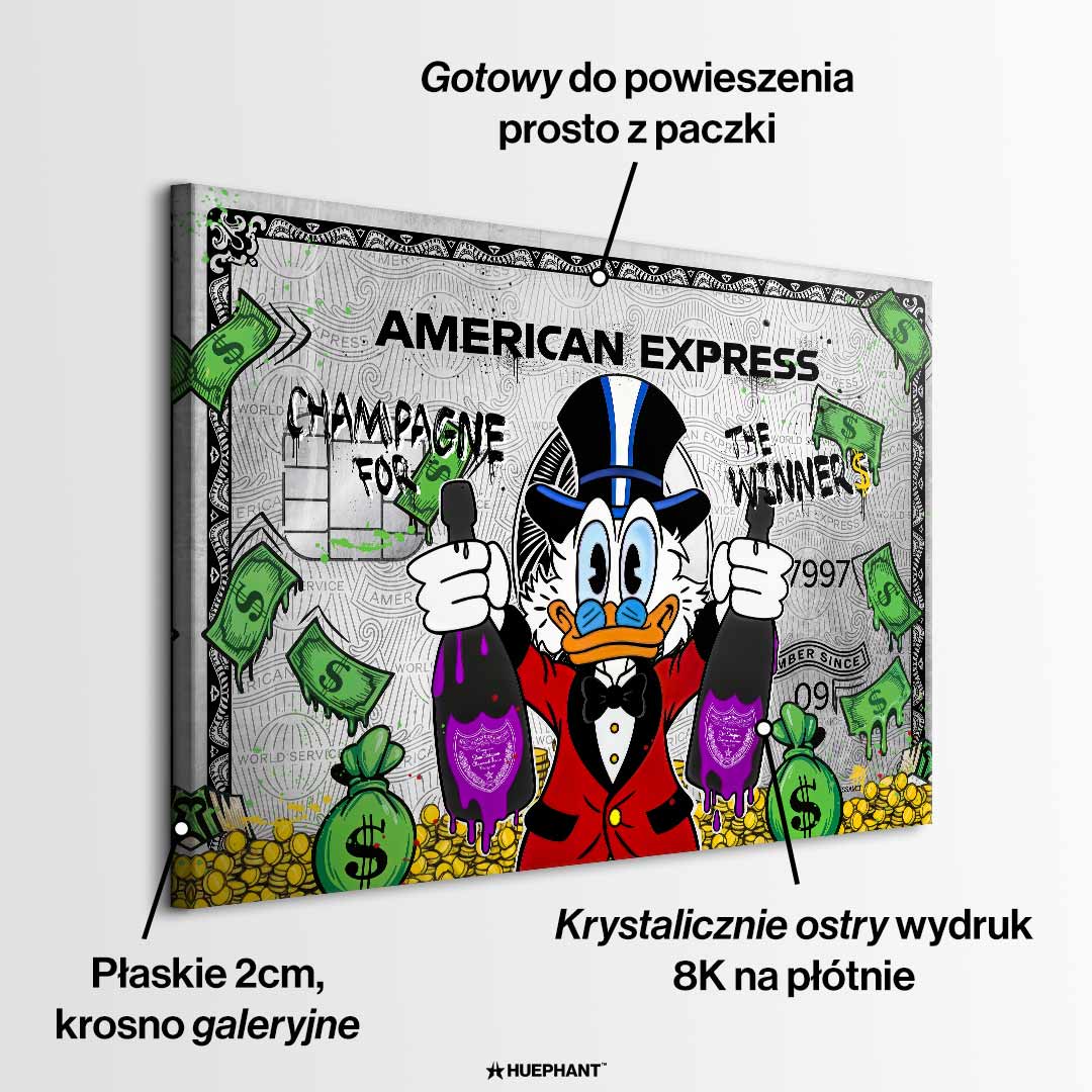 Obraz na płótnie ze Sknerusem McKwaczem na tle karty American Express Platinum – symbol bogactwa, pieniędzy i luksusu, sztuka Huephant.