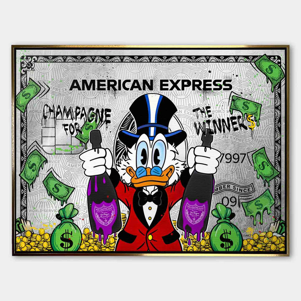 Obraz na płótnie ze Sknerusem McKwaczem na tle karty American Express Platinum – symbol bogactwa, pieniędzy i luksusu, sztuka Huephant.