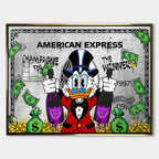 Obraz na płótnie ze Sknerusem McKwaczem na tle karty American Express Platinum – symbol bogactwa, pieniędzy i luksusu, sztuka Huephant.