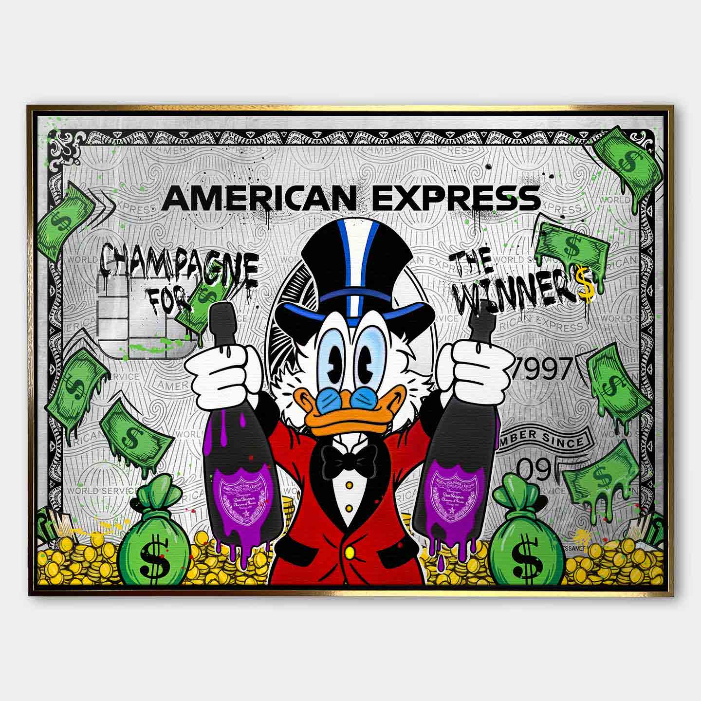 Obraz na płótnie ze Sknerusem McKwaczem na tle karty American Express Platinum – symbol bogactwa, pieniędzy i luksusu, sztuka Huephant.