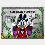 Obraz na płótnie ze Sknerusem McKwaczem na tle karty American Express Platinum – symbol bogactwa, pieniędzy i luksusu, sztuka Huephant.