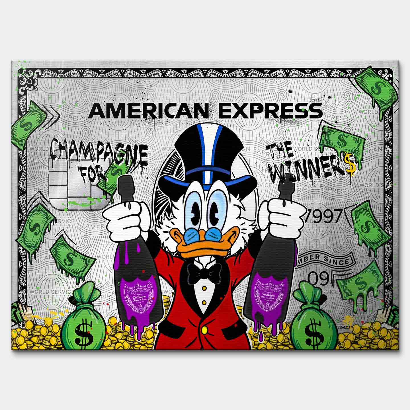 Obraz na płótnie ze Sknerusem McKwaczem na tle karty American Express Platinum – symbol bogactwa, pieniędzy i luksusu, sztuka Huephant.