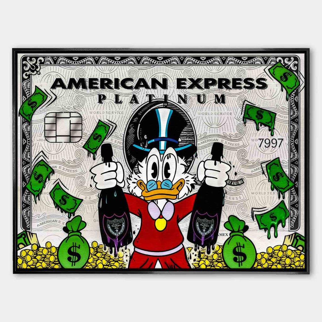 Obraz na płótnie ze Sknerusem McKwaczem na tle karty American Express Platinum – symbol bogactwa, pieniędzy i luksusu, sztuka Huephant.
