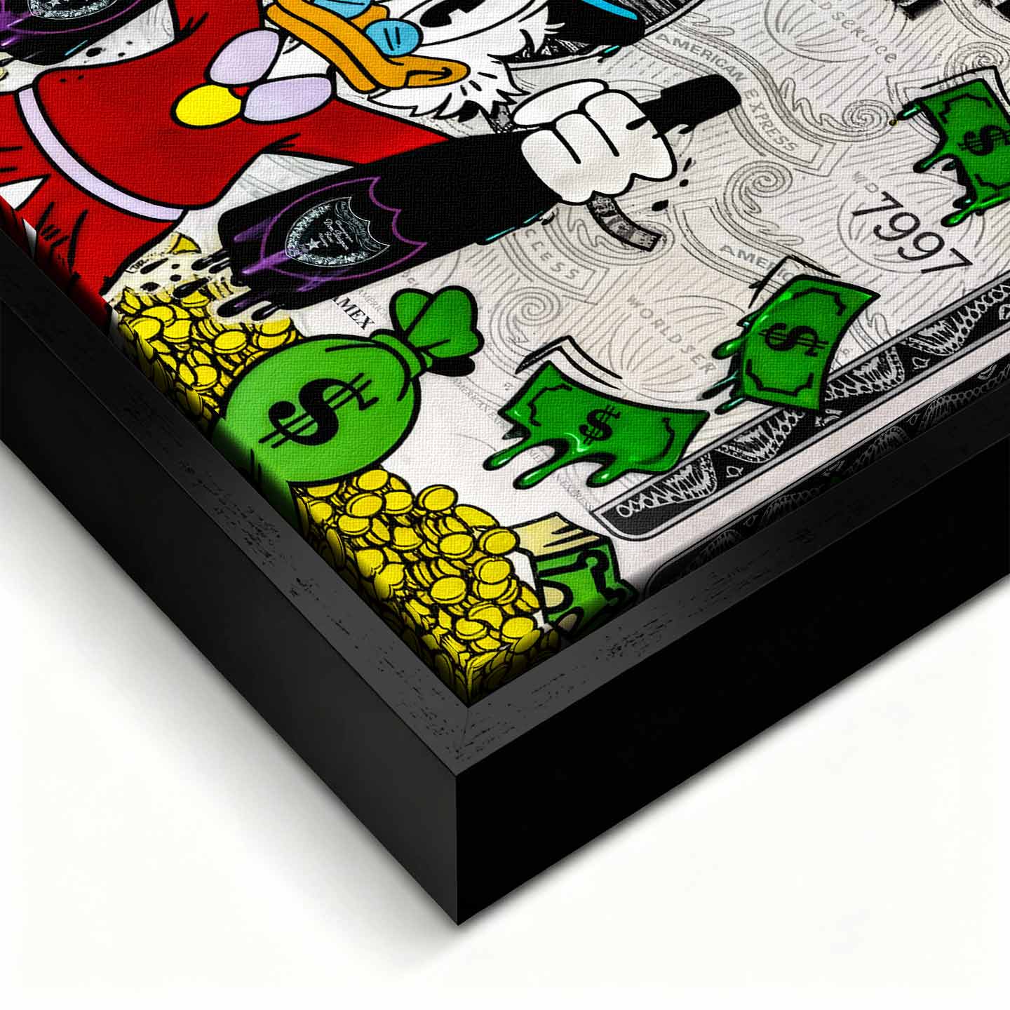 Obraz na płótnie ze Sknerusem McKwaczem na tle karty American Express Platinum – symbol bogactwa, pieniędzy i luksusu, sztuka Huephant.