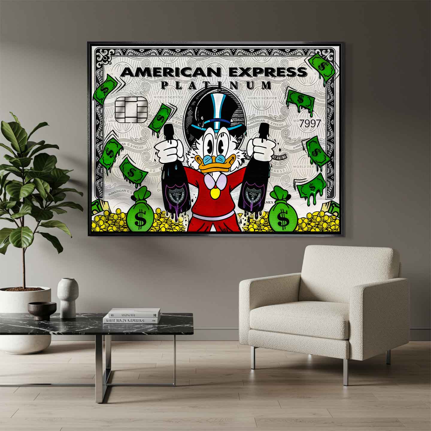 Obraz na płótnie ze Sknerusem McKwaczem na tle karty American Express Platinum – symbol bogactwa, pieniędzy i luksusu, sztuka Huephant.