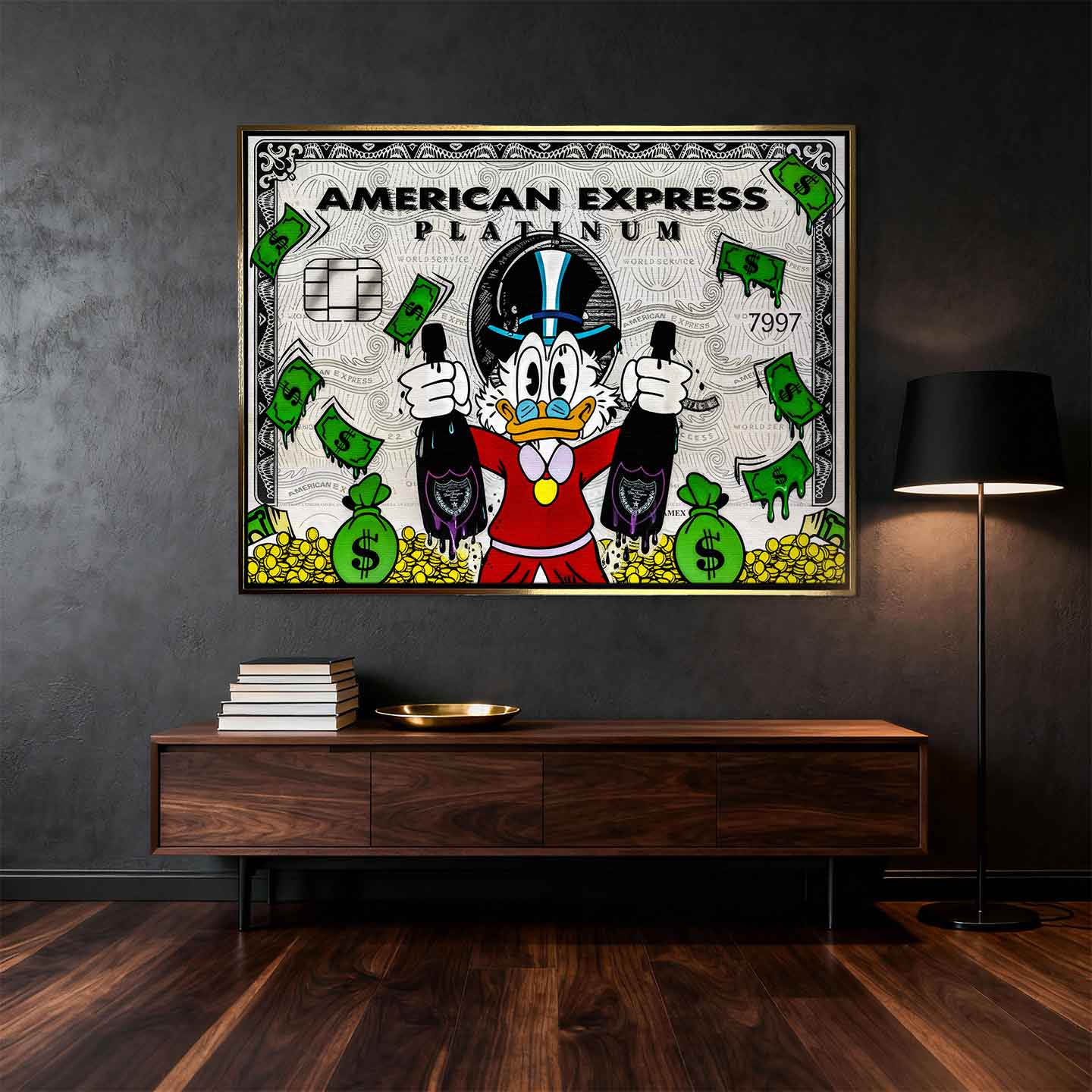 Obraz na płótnie ze Sknerusem McKwaczem na tle karty American Express Platinum – symbol bogactwa, pieniędzy i luksusu, sztuka Huephant.