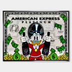 Obraz na płótnie ze Sknerusem McKwaczem na tle karty American Express Platinum – symbol bogactwa, pieniędzy i luksusu, sztuka Huephant.