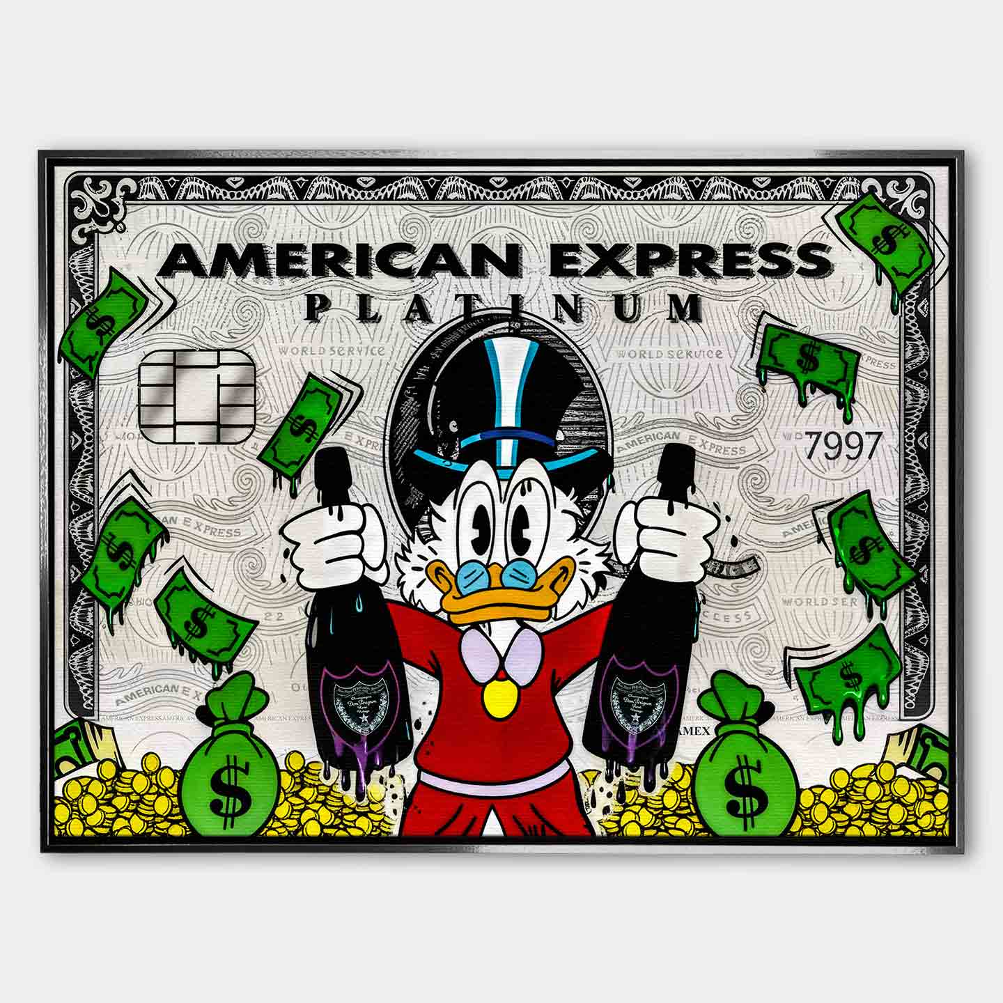 Obraz na płótnie ze Sknerusem McKwaczem na tle karty American Express Platinum – symbol bogactwa, pieniędzy i luksusu, sztuka Huephant.