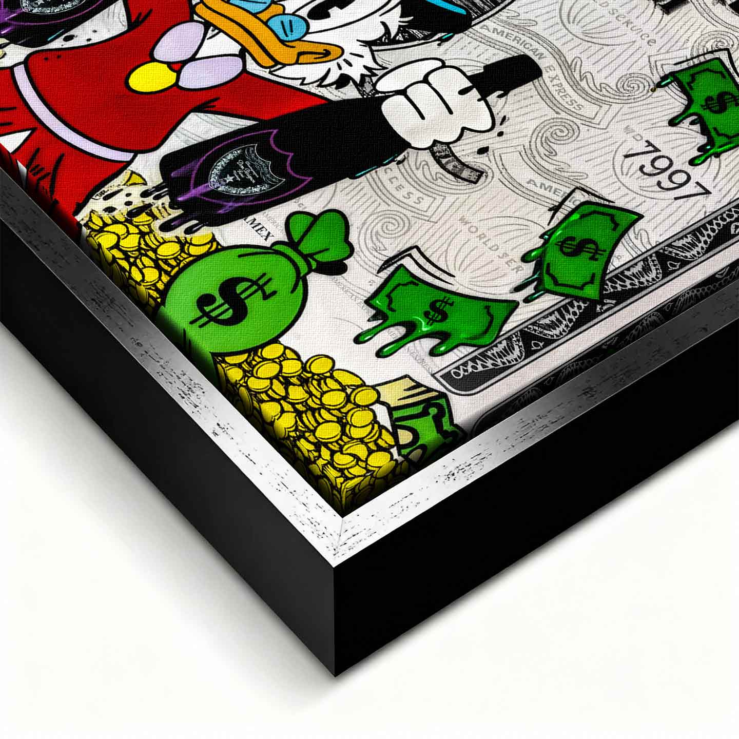 Obraz na płótnie ze Sknerusem McKwaczem na tle karty American Express Platinum – symbol bogactwa, pieniędzy i luksusu, sztuka Huephant.