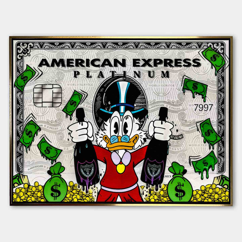 Obraz na płótnie ze Sknerusem McKwaczem na tle karty American Express Platinum – symbol bogactwa, pieniędzy i luksusu, sztuka Huephant.