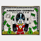 Obraz na płótnie ze Sknerusem McKwaczem na tle karty American Express Platinum – symbol bogactwa, pieniędzy i luksusu, sztuka Huephant.