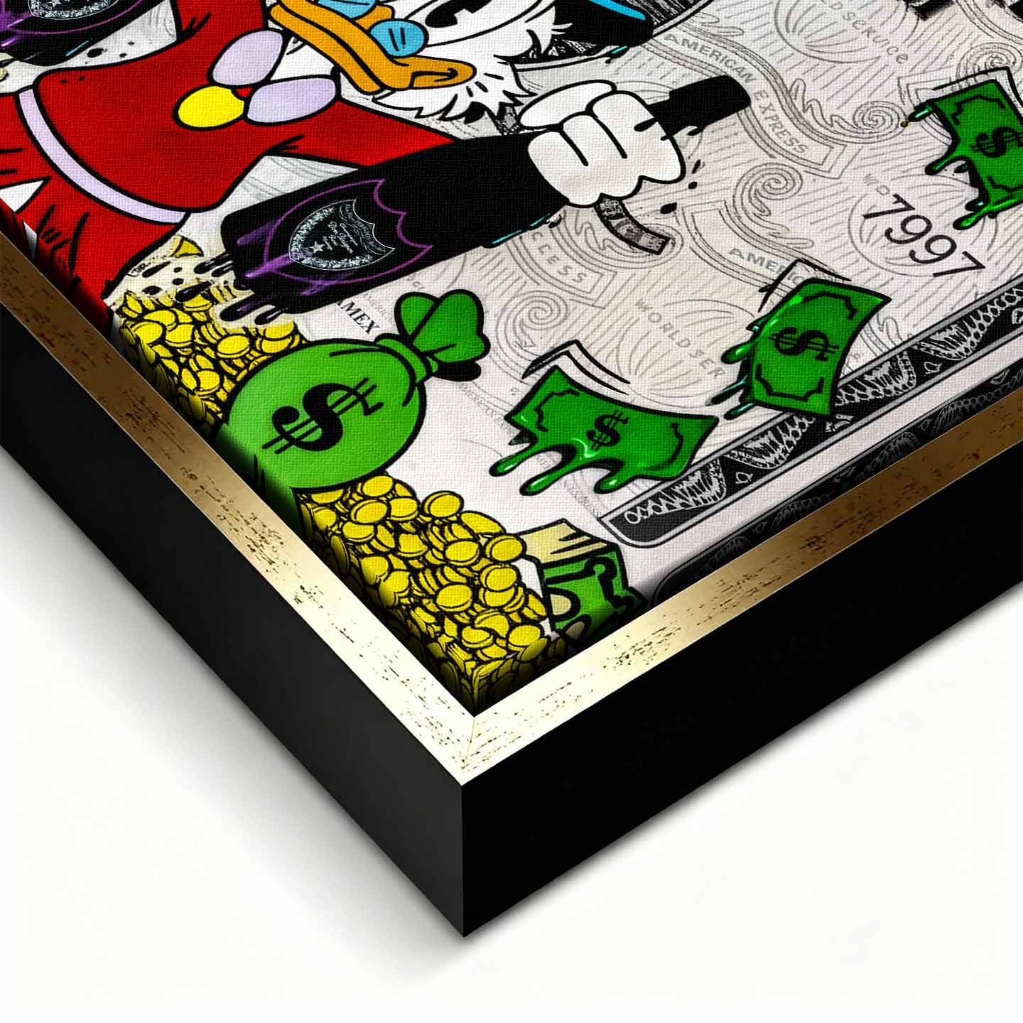 Obraz na płótnie ze Sknerusem McKwaczem na tle karty American Express Platinum – symbol bogactwa, pieniędzy i luksusu, sztuka Huephant.