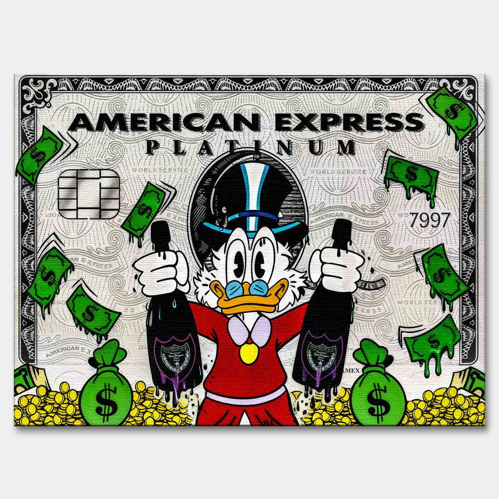 Obraz na płótnie ze Sknerusem McKwaczem na tle karty American Express Platinum – symbol bogactwa, pieniędzy i luksusu, sztuka Huephant.