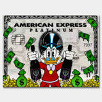 Obraz na płótnie ze Sknerusem McKwaczem na tle karty American Express Platinum – symbol bogactwa, pieniędzy i luksusu, sztuka Huephant.