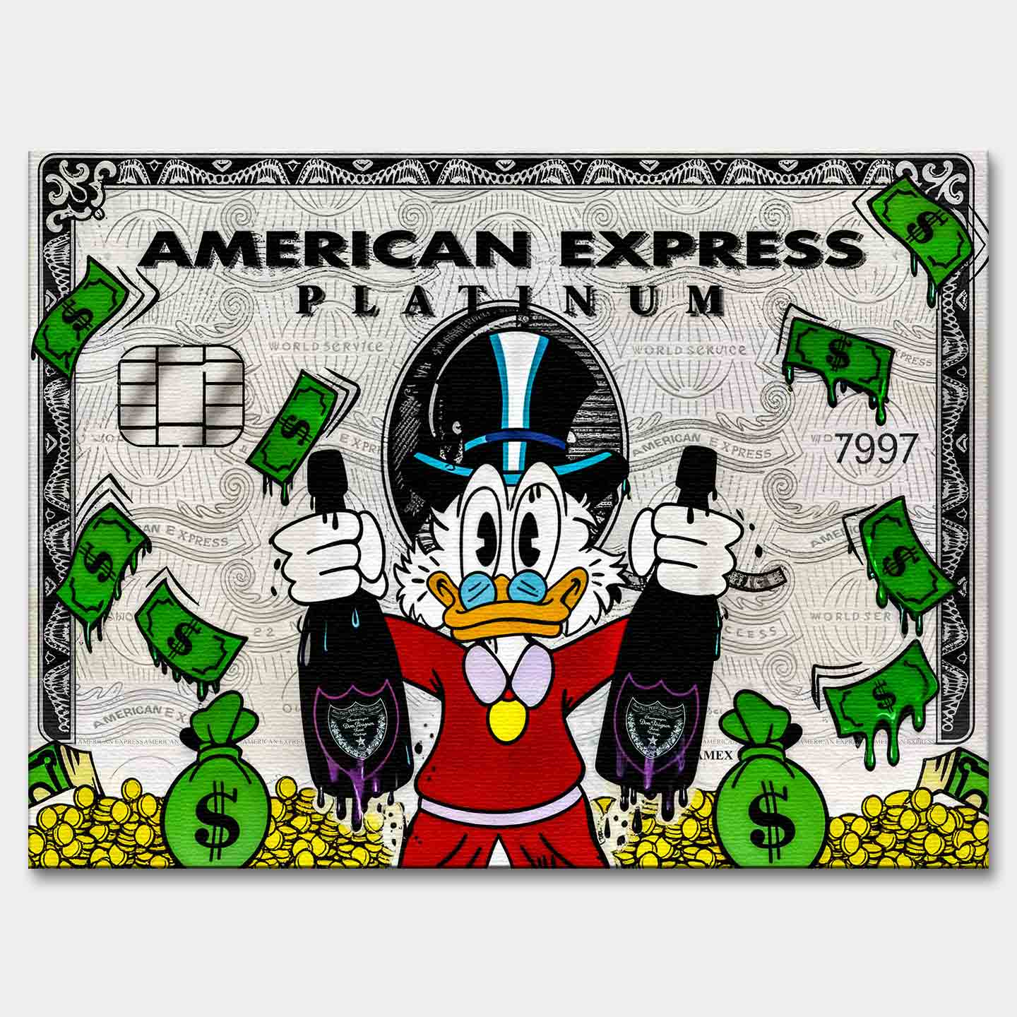 Obraz na płótnie ze Sknerusem McKwaczem na tle karty American Express Platinum – symbol bogactwa, pieniędzy i luksusu, sztuka Huephant.