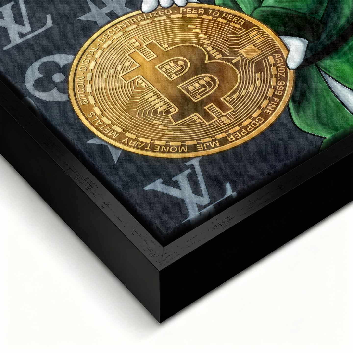 Obraz na płótnie Sknerus McKwacz z Bitcoinem na tle luksusowych wzorów LV. Symbol wolności finansowej. Sztuka nowoczesna i ekskluzywny wydruk galeryjny dla ludzi sukcesu.