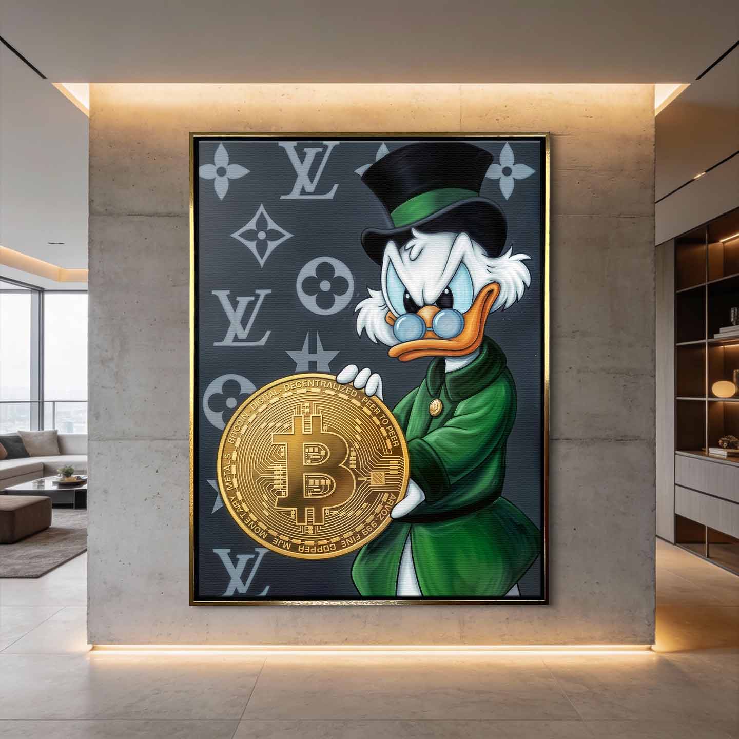 Obraz na płótnie Sknerus McKwacz z Bitcoinem na tle luksusowych wzorów LV. Symbol wolności finansowej. Sztuka nowoczesna i ekskluzywny wydruk galeryjny dla ludzi sukcesu.