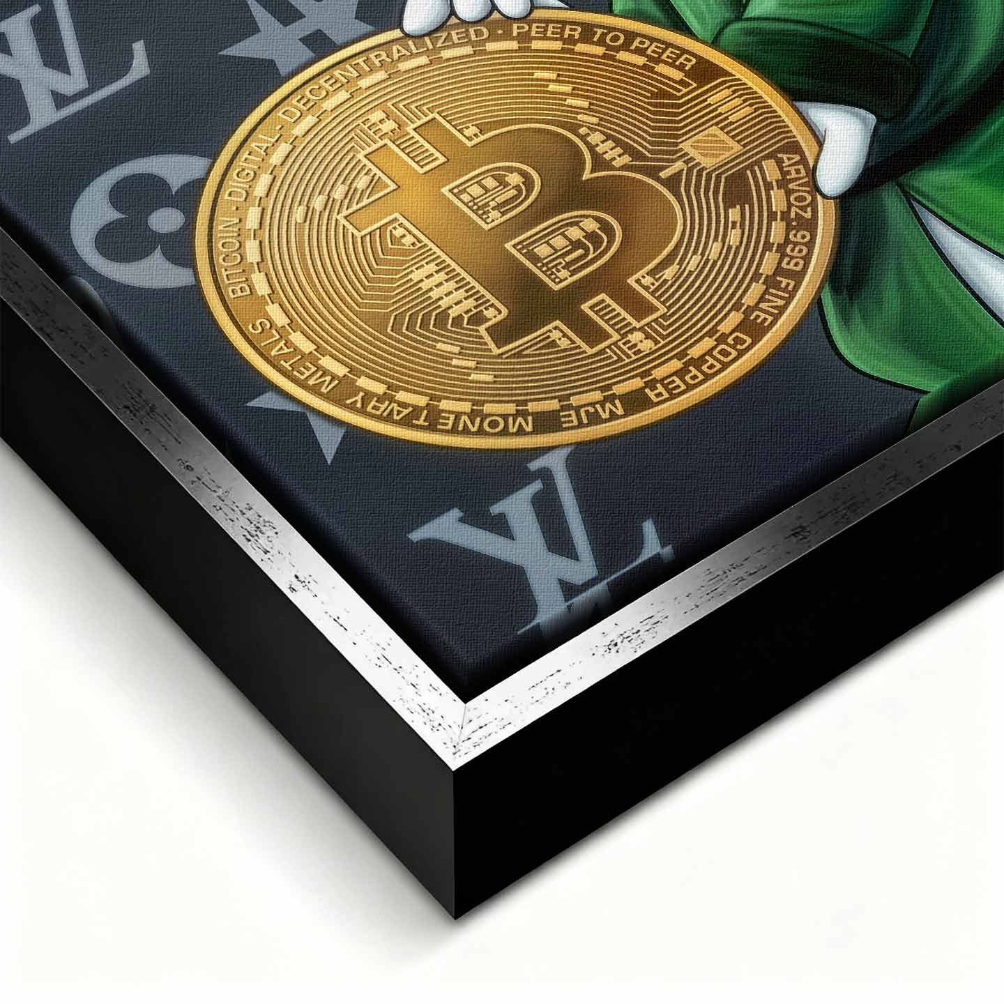 Obraz na płótnie Sknerus McKwacz z Bitcoinem na tle luksusowych wzorów LV. Symbol wolności finansowej. Sztuka nowoczesna i ekskluzywny wydruk galeryjny dla ludzi sukcesu.