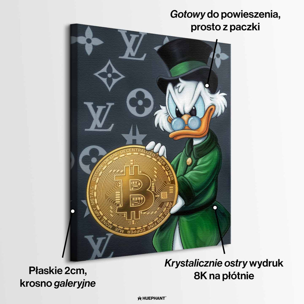 Obraz na płótnie Sknerus McKwacz z Bitcoinem na tle luksusowych wzorów LV. Symbol wolności finansowej. Sztuka nowoczesna i ekskluzywny wydruk galeryjny dla ludzi sukcesu.