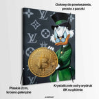 Obraz na płótnie Sknerus McKwacz z Bitcoinem na tle luksusowych wzorów LV. Symbol wolności finansowej. Sztuka nowoczesna i ekskluzywny wydruk galeryjny dla ludzi sukcesu.