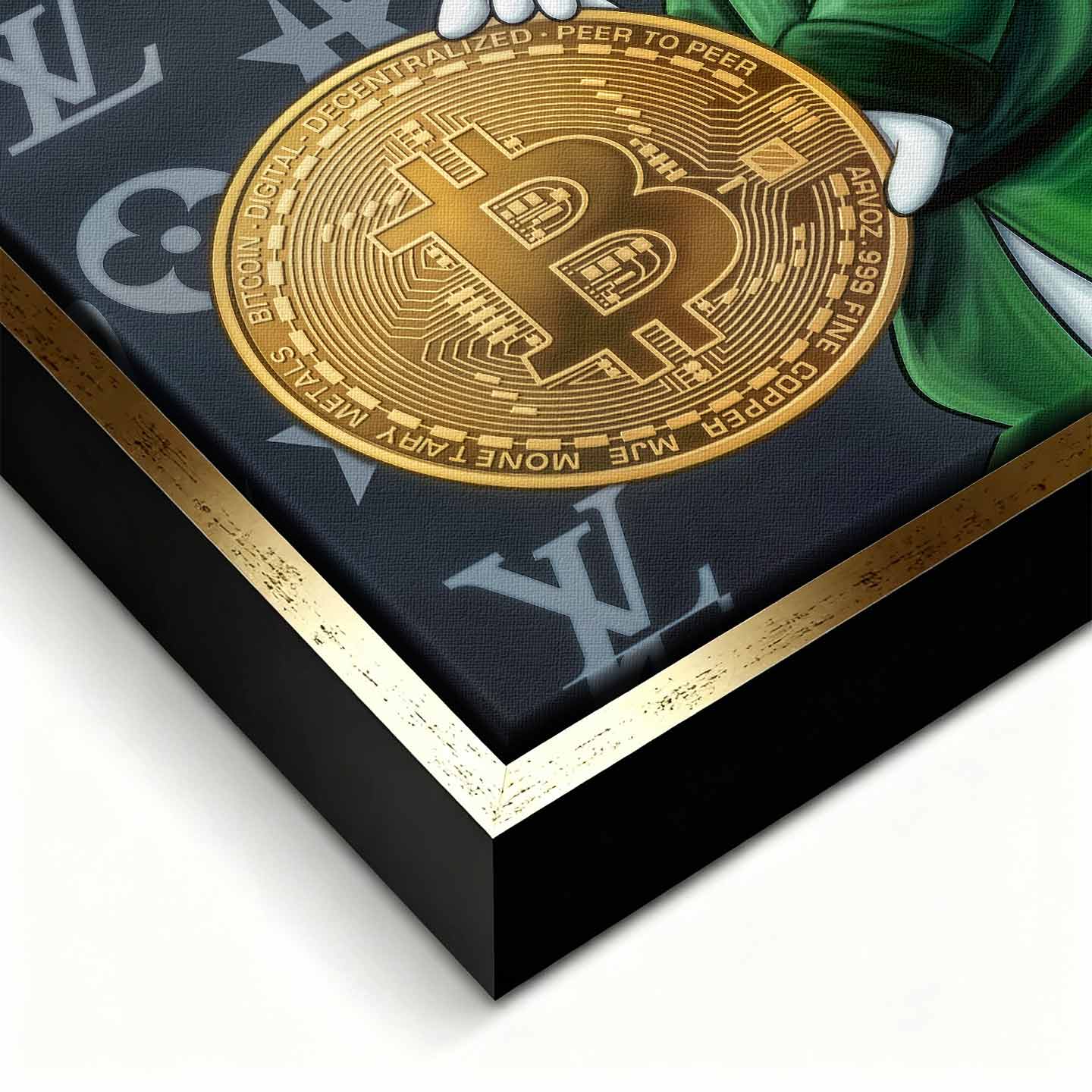 Obraz na płótnie Sknerus McKwacz z Bitcoinem na tle luksusowych wzorów LV. Symbol wolności finansowej. Sztuka nowoczesna i ekskluzywny wydruk galeryjny dla ludzi sukcesu.