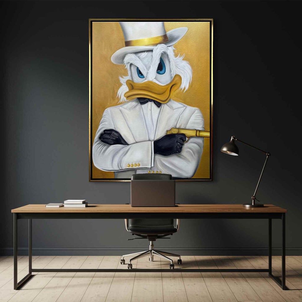 Obraz Sknerus McKwacz na płótnie Bond Duck, Sknerus McKwacz jako agent 007, złota sztuka ścienna, wydruk galeryjny Huephant.