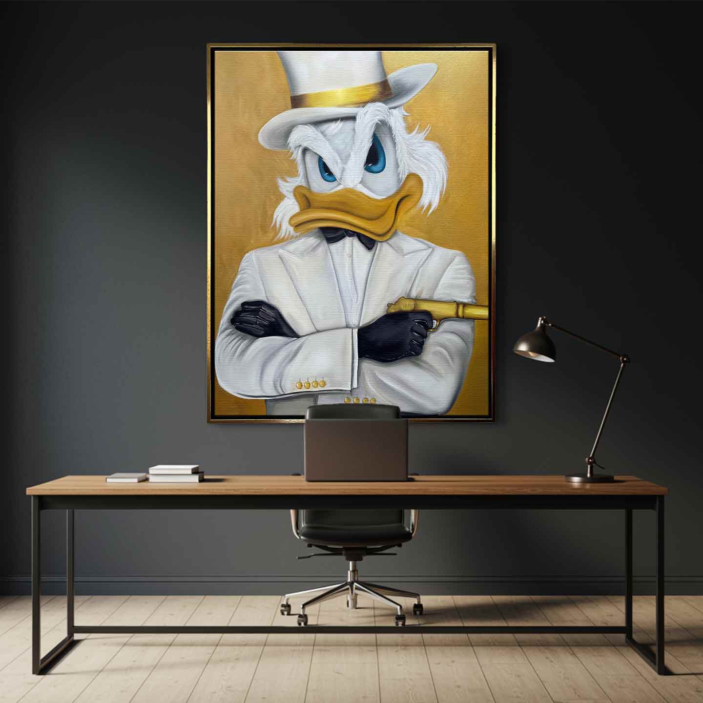 Obraz Sknerus McKwacz na płótnie Bond Duck, Sknerus McKwacz jako agent 007, złota sztuka ścienna, wydruk galeryjny Huephant.
