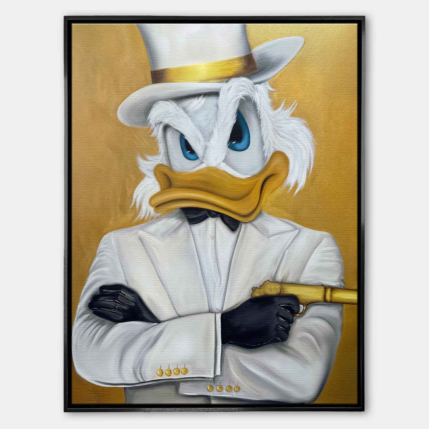 Obraz Sknerus McKwacz na płótnie Bond Duck, Sknerus McKwacz jako agent 007, złota sztuka ścienna, wydruk galeryjny Huephant.