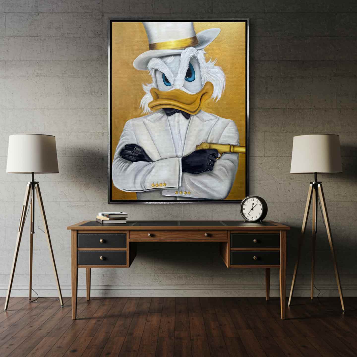 Obraz Sknerus McKwacz na płótnie Bond Duck, Sknerus McKwacz jako agent 007, złota sztuka ścienna, wydruk galeryjny Huephant.