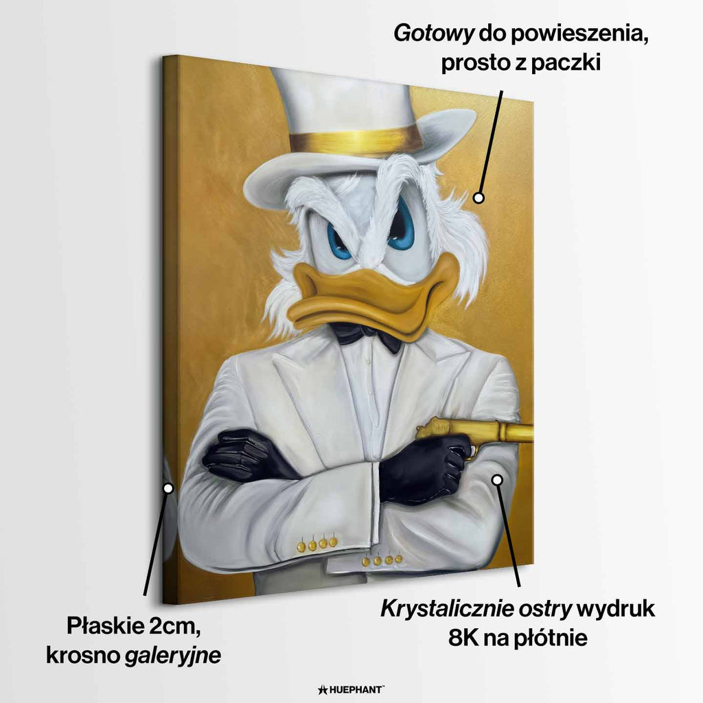 Obraz Sknerus McKwacz na płótnie Bond Duck, Sknerus McKwacz jako agent 007, złota sztuka ścienna, wydruk galeryjny Huephant.