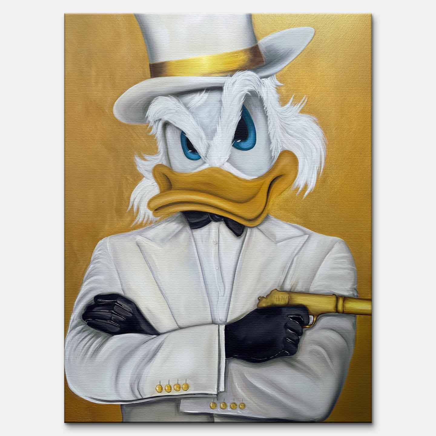Obraz Sknerus McKwacz na płótnie Bond Duck, Sknerus McKwacz jako agent 007, złota sztuka ścienna, wydruk galeryjny Huephant.