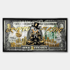 Obraz na płótnie Sknerus McKwacz Crypto Duck, stylizacja na banknot Bitcoin, postać w złotych szatach, napis Crypto is King, wydruk galeryjny, sztuka nowoczesna.