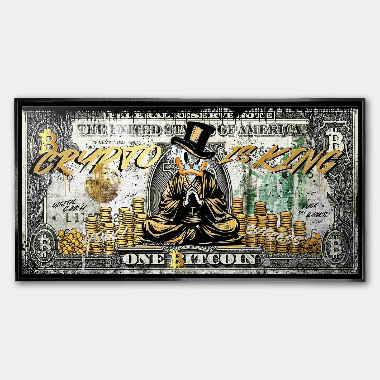 Obraz na płótnie Sknerus McKwacz Crypto Duck, stylizacja na banknot Bitcoin, postać w złotych szatach, napis Crypto is King, wydruk galeryjny, sztuka nowoczesna.