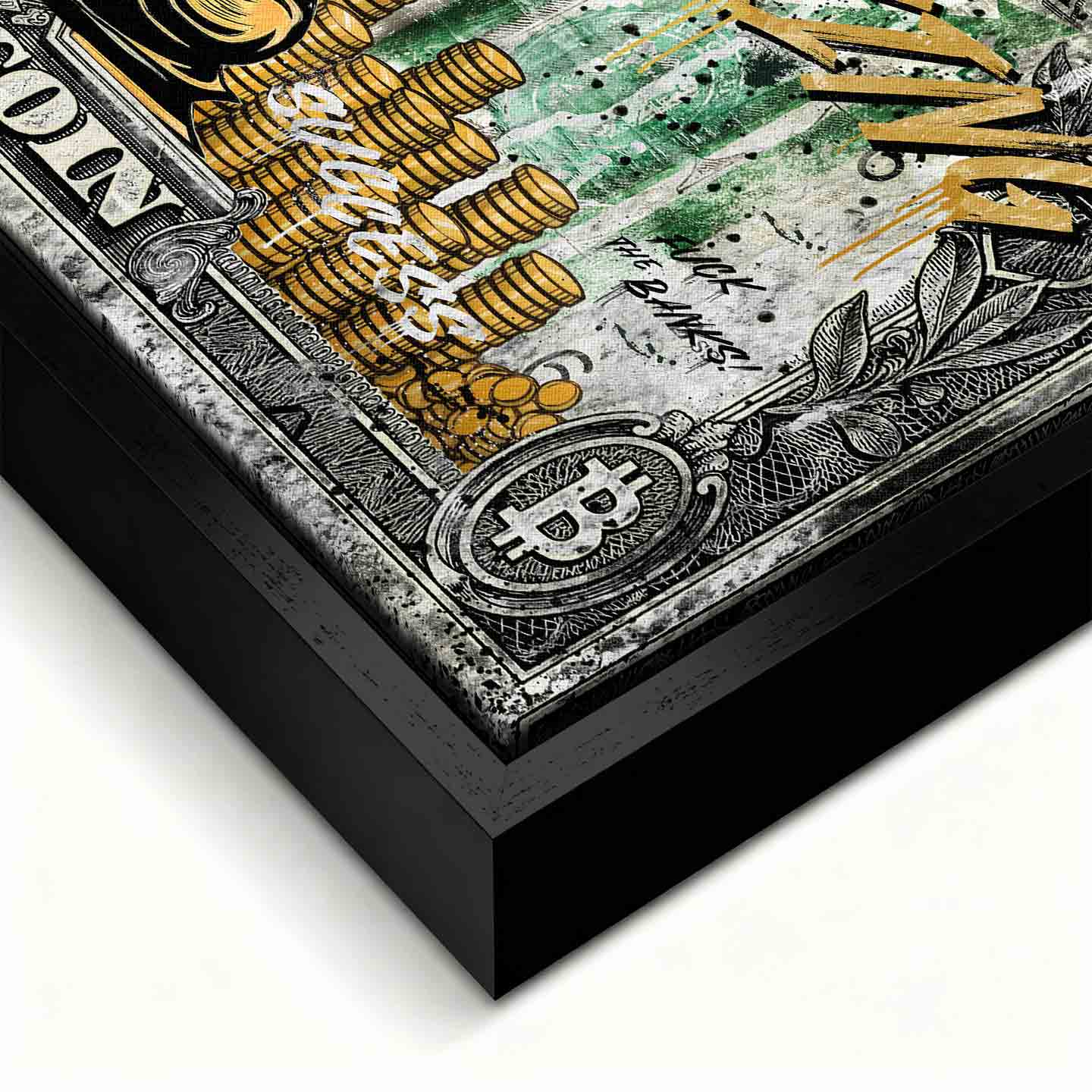 Obraz na płótnie Sknerus McKwacz Crypto Duck, stylizacja na banknot Bitcoin, postać w złotych szatach, napis Crypto is King, wydruk galeryjny, sztuka nowoczesna.