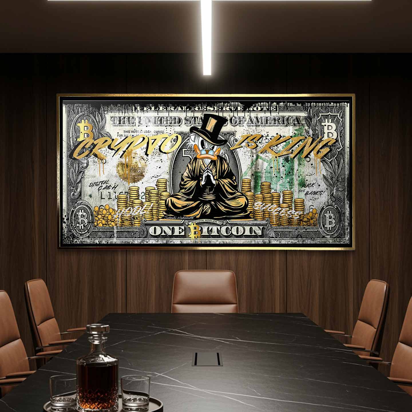 Obraz na płótnie Sknerus McKwacz Crypto Duck, stylizacja na banknot Bitcoin, postać w złotych szatach, napis Crypto is King, wydruk galeryjny, sztuka nowoczesna.