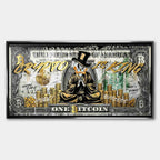 Obraz na płótnie Sknerus McKwacz Crypto Duck, stylizacja na banknot Bitcoin, postać w złotych szatach, napis Crypto is King, wydruk galeryjny, sztuka nowoczesna.