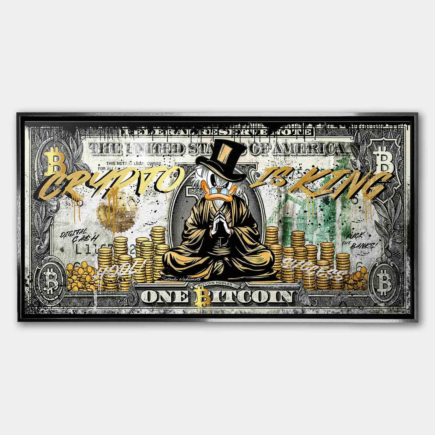 Obraz na płótnie Sknerus McKwacz Crypto Duck, stylizacja na banknot Bitcoin, postać w złotych szatach, napis Crypto is King, wydruk galeryjny, sztuka nowoczesna.